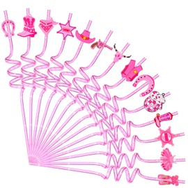 14-Pack ‌Pink Cowgirl Straws Reusable Western Party Straws for Bachelorette, Birthday & Cowboy Theme Decor Cocktail Straw | 10.5" Plastic Drinking Straws with Fun Cowgirl Hats & Boots