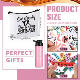 Baderke 68 Pcs Karate Gift Set Taekwondo Gift for Women Include Karate Water Bottle Cosmetic Case Bag Martial Arts Stickers and Hair Ties for Lover DIY Birthday Gift