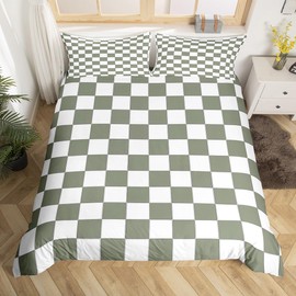 Homewish White Sage Green Checkered Bedding Set Buffalo Plaid Grid Comforter Cover Single For Kids Adults Men Women Checkerboard Duvet Cover Aesthetics Gingham Quilt Cover Modern Room Decor