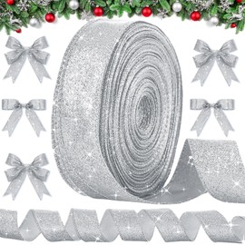 Unittype 50 Yard Glitter Ribbons Wired Edge Ribbon 1.5 Inch Metallic Decorative Ribbons for Valentine's Day Holiday Bows Gifts Wrapping Home DIY Crafts Supplies Party Decor(Silver)