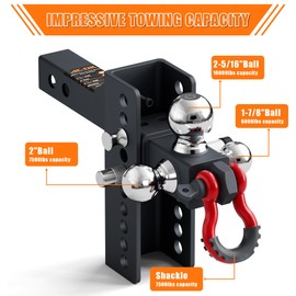 AC-DK Adjustable Heavy-Duty Trailer Hitch Tri-Ball Mount with Locks&Pin&Rotatable Tow Shackle, Fits 2-in Receiver, 4-1/2" Rise/Drop, 1-7/8" & 2" &2-5/16" Ball, 10000LBS GTW