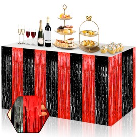 3 Pack 29x108 Inch Black Red Foil Fringe Table Skirts Metallic Banner for Tinsel Streamer Garland Backdrop for Parade Floats Wedding Thanksgiving Birthday Christmas Halloween Party Decoration