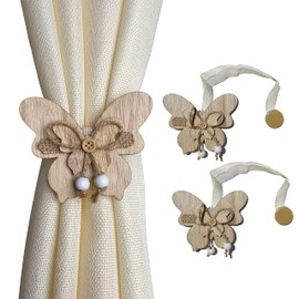 GIRASOLE HOME 2 Pcs Wooden Butterfly Shaped Magnetic Tiebacks Shabby Chic Tie Backs with Organza String for Lightweight Curtains and Curtains (Butterfly, Natural)