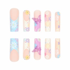 BABALAL Press on Nails Long Square Fake Nails Colorful French Tip Glue on Nails Daisy Coquette Acrylic Nails Butterfly Charm False Nails 24Pcs Manicure Stick on Gel Nails Squoval Artificial Nails