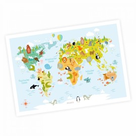 nikima Children's World Map Modern in 3 Sizes A3/A2/A1 Poster Animals Earth Wall Picture Children's Room Beautiful Wall Decoration Continents Cute Animals DIN A1-841 x 594 mm