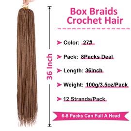 Unionbeauty 8 Packs Box Braids Crochet Hair 36 inch Pre-looped Blonde Synthetic Hair Extension for Woman 27#