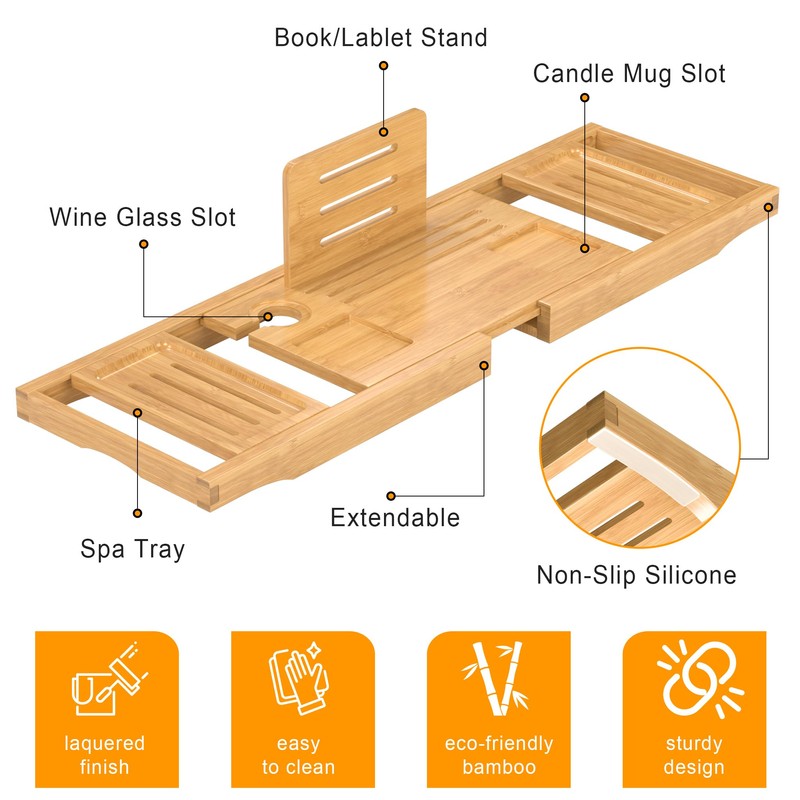 Bathtub Tray Caddy,Premium Bamboo Expandable Bath Tub Trays Table, Foldable