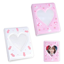 Jiayaus Pack of 2 Mini Photo Albums, Kpop Photocard Binder, Love Heart Hollow Photo Card Holder, Cute Photo Album Suitable for Collecting Photos and Postcards (White, Pink)