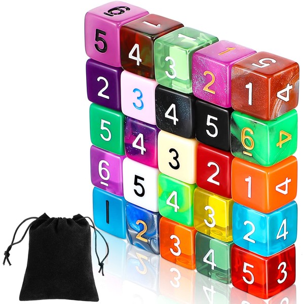 TecUnite 25 Pieces Polyhedral Dice Set 6 Sided Game Dice Set with Black Pouch for Table Games (Colorful)