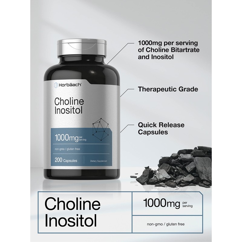 Horbaach Choline Inositol 1000mg Supplement | 200 Capsules | Non-GMO,