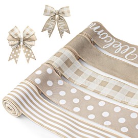 Mlurcu Farmhouse Ribbon Spring Wired Ribbon 2.5" Wide 25 Yds Wire Ribbons for Crafts Wreaths Bows Making Wedding Gift Wrapping Welcome Buffalo Plaid Polka Dot Stripe Solid Rustic Burlap Wired Ribbon