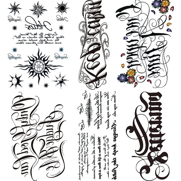 English Temporary Tattoo, 6-Sheet Large Fake English Words Half Arm Sleeve Tattoos Sticker