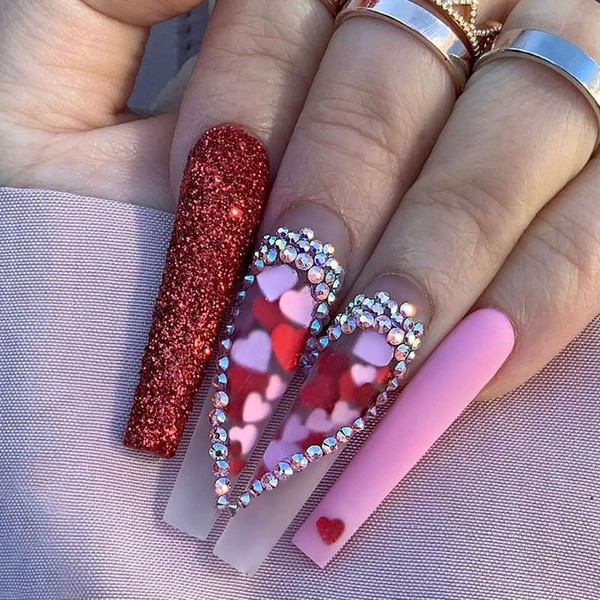 Brishow Coffin Long False Nails Heart Press On Nails Rhinestone Stick On Nails Ballerina Acrylic False Nails 24 Pieces for Women and Girls