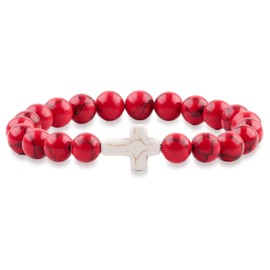 8mm Cross Beaded Bracelet for Women Men,Natural Stone Turquoise Stretch Bracelet Adjustable Elastic Cross Bracelet Communion Bracelet, Religion Faith Religious Christian Gifts,Bring Good Luck(Red)