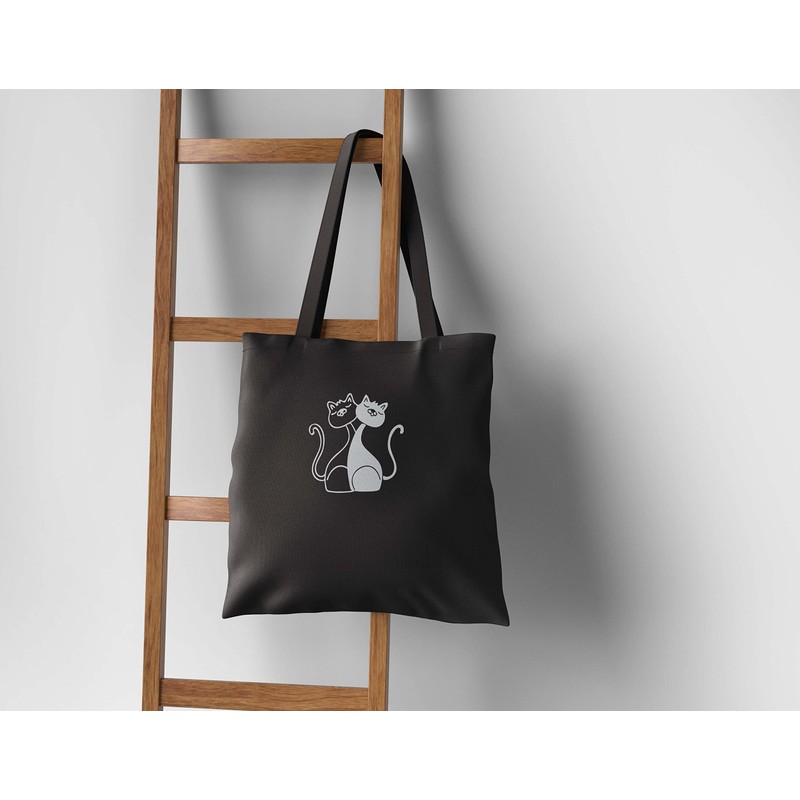 Cute Cat Tote Bag Black, Silver Metallic Print, Cat Gifts