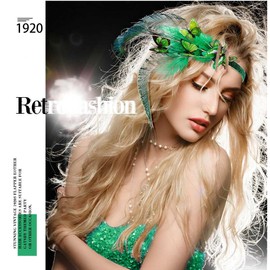 Coridy 1920s Flapper Headband Boho Green Hairbands Butterfly Peacock Feather Headpiece Gatsby Accessories for Women Sequined Showgirl Headpiece Costume Cocktail Tea Party Photography Headwear (Green)