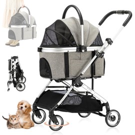 LPOTIUS 3-in-1 Pet Stroller with Detachable Carrier for Small Dogs and Cats, Folding Jogger Stroller with Zipperless Canopy and Storage Basket, Lightweight Pet Travel Carrier Trolley Car Seat, Gray
