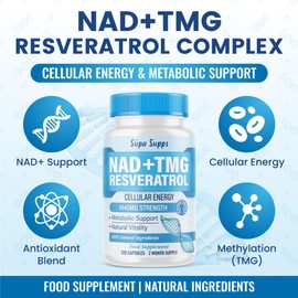 NAD+ TMG, Resveratrol -120 Capsules, 60 Day Supply, Cellular Energy Aid, Methylation Support, Antioxidant Complex, Vegan Friendly, High Strength Formula, NAD Supplements UK, Daily Vitality Support
