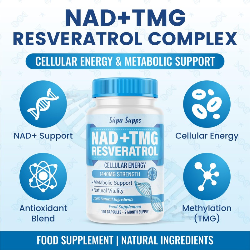 NAD+ TMG, Resveratrol -120 Capsules, 60 Day Supply, Cellular Energy