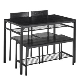 VECELO 43.3" Dining Table Set for 4, Kitchen Table with Bench & 2 Chairs Modern Rectangular Metal Frame Dining Furniture Set for Small Space