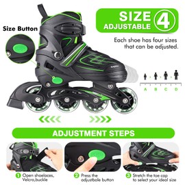 KAQINU Adjustable Inline Skates, Outdoor Inline Skates Roller with Full Illuminating Wheels for Women, Kids, Girls and Boys (Green, L)