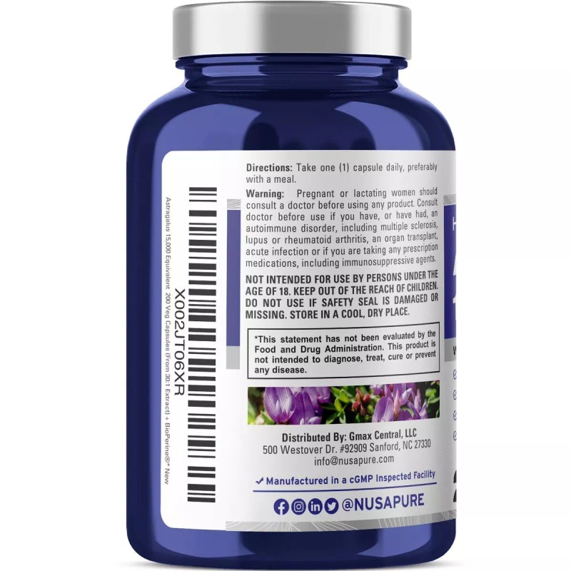 NusaPure Astragalus 15,000mg Per Caps 200 Veggie Capsules (Vegetarian)