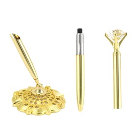 QWORK Gold Diamond Style Metal Pen Holder Set with Smooth Ink Ballpoint Pen, 2 Pcs, Rotatable 360° Signing Pens for Weddings, Office, and Gifts