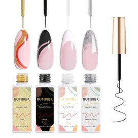 BUTIBBJA Gel Liner Nail Art Polish Set 4 Pcs,Black White Gold Silver Glitters Colors,Gel Nail Art Polish Liners with Thin Nail Art Brush in Bottle,Use with Soak off Led Lamp,Each 0.33fl.oz