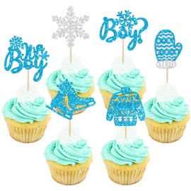 24 piezas de copo de nieve It's a Boy - Guantes de purpurina para cupcakes de invierno congelado, púas de magdalenas para niños, cumpleaños, baby shower, decoración de pasteles, suministros de fiesta, color azul