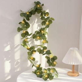 kalynmart Eucalyptus Leaves Greenery Garland with 20 Warm White Led Lights Artificial Leaves String for Home Party Wedding Decoration (Green 6.6 ft)