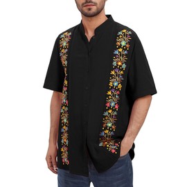 Traditional Mexican Shirts for Men Fiesta Guayabera Shirts for Men Short Sleeve Cinco De Mayo Outfit Button Down Embroidered Shirts Camisa Guayabera para Hombre Summer Dress Shirts Black XL