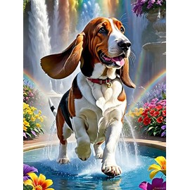 PUAGEMTI DIY 5D Basset Hound Diamond Painting Kit, Dog Playing in Water Art Painting Crafts Adult Beginner Diamond Art 5D Full Art Diamond Painting Home Wall Decoration Gift 12x16 inch