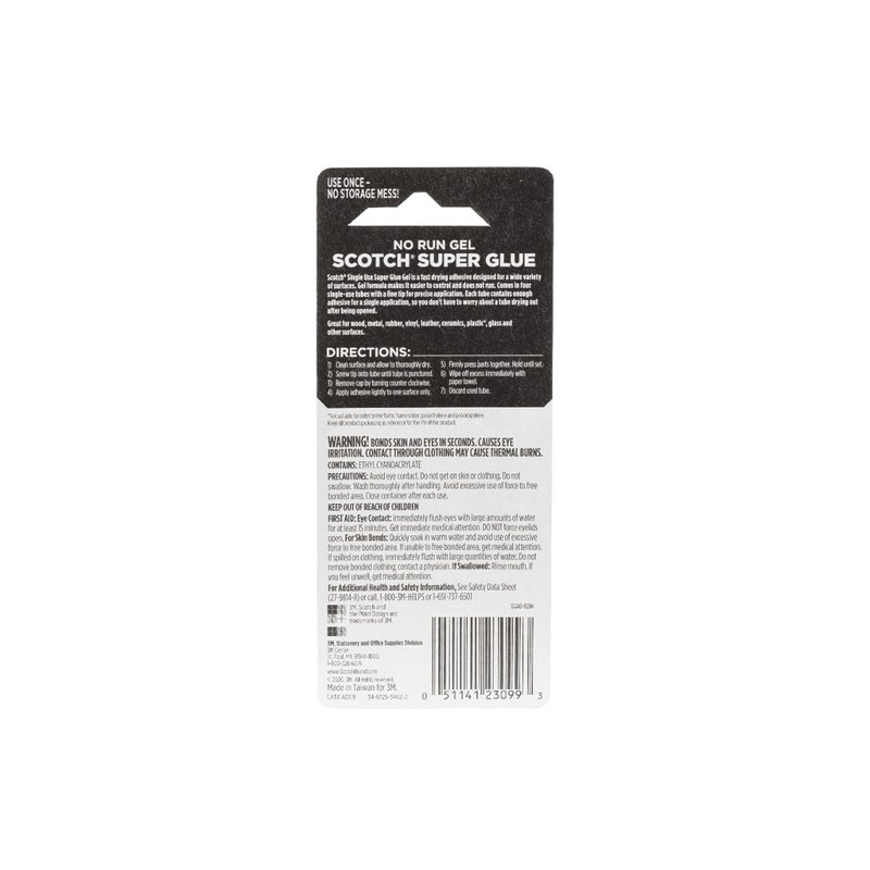 Scotch Super Glue Gel, 4-Pack of Single-Use Tubes, .017 oz