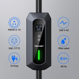 TECKNET EV Charger Level 1&2, 16A Electric Car Charger with NEMA 6-20 Plug, NEMA 5-15 Adapter, 25FT Cable, J1772 Electric Vehicle Charging Equipment Compatible with All EV Models
