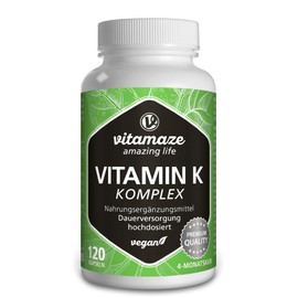 Vitamaze® Vitamin K Complex 2200 mcg with Vitamin K2 MK7 + MK4 y Vitamin K1 Menaquinone at High Dosage and Vegan, 120 Capsules, Optimal Bioavailability, without Additives. German quality