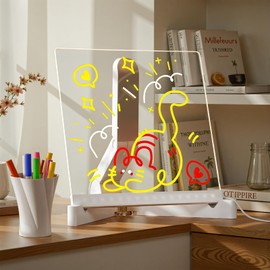 conatu Acrylic Dry Erase Board with Light Light up Drawing Board with Stand as a Glow Memo LED Letter Message Board Note Glass Led Board White Board with 7 Pen for Office School Home (7.9 X 7.9”)