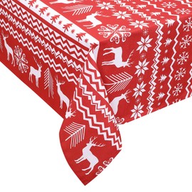 LinTimes Christmas Table Cloth Christmas Reindeer Snowflake Print Table Cloth for Christmas Dinner Party Kitchen Decor 52 x 52 Inch Red