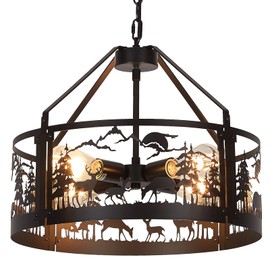 Monaxon Rustic Farmhouse Chandelier with Bear and Deer Design, 4-Light Adjustable Ceiling Pendant Light Fixture for Dining Room, Kitchen, Cabin, Lodge, or Foyer Lighting
