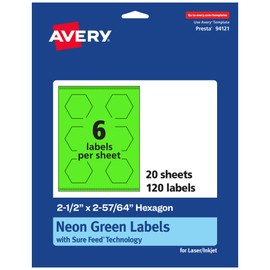 Avery Printable Hexagon Labels with Sure Feed Technology, 2-1/2" x 2-57/64", Neon Green Labels, Print-to-The-Edge, Laser/Inkjet, 120 Total, Great for Cosmetic Labels and Jar Labels