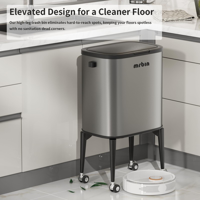 MRBIN Metal Kitchen Trash Can with Wheel Legs, 36L /