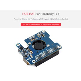 waveshare POE Power Over Ethernet HAT for Raspberry Pi 5, IEEE 802.3af/at PoE Network Standard, Onboard 5V & 12V Header Outputs, with Cooling Fan and Metal Heatsink