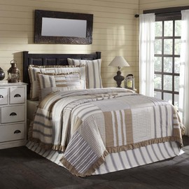 VHC Brands Grace Farmhouse Quilt Bedspread Twin Reversible Cotton Patchwork All-Season White 68Wx86L Bedding Accessory, 68x86, Grey