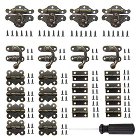 EAEDMY 24 Sets Retro Jewelry Box Hinges and Latches Hardware, Small Bronze Brass Latch Hinges for Wooden Jewelry Box and Decorative Cabinet, with Matching Screws Kit(Catch*8 + Hinges*16) (24)