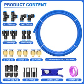 TAILONZ PNEUMATIC Blue 6MM OD 10 Meter 32.8ft PU Polyurethane Air Tubing Kit Pipe Hose Air Line Tubing Air Hose Fittings Push to Connect Fittings(29PCS)