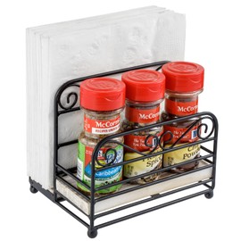 MyGift 2-in-1 Disposable Napkin and Salt & Pepper Caddy, Black Metal Vintage Scrollwork Dinner Table Paper Towel Condiment Holder with Shabby White Washed Solid Wood Base