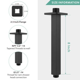 Voolan Shower Arm with Flange, Ceiling Mounted Fixed Shower Pipe, Bathroom Straight Rain Shower Replacement Arm, Universal Connection 1/2 NPT (8 Inch Square, Matte Black)