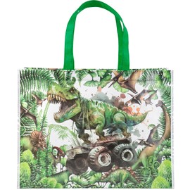 Loveinside Dinosaur Reusable Gift Bag, Tropical Monster Truck Design Large Recycled Party Favor Gift Bag for Kids' Birthday, Shopping, School and Storage, 16" x 6" x 12", 1 Pcs