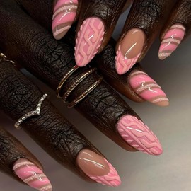 24pcs Pink Press on Nails Medium Almond Fake Nails with 3D Stripe Designs Glue on Nails Pink French Tip False Nails French Nail Supplies Glitter Full Cover Stick on Nails for Women Nail Decoration