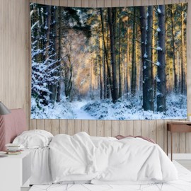 LB - Tapiz de invierno para el bosque de nieve, árbol de pino negro y verde con copo de nieve blanco para recámara, paisaje natural para colgar en la pared, arte de pared para sala de estar, decoración del hogar, 40 pulgadas de largo x 60 pulgadas de anc