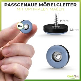 16 x PTFE/Teflon glides with screw round 22 mm - for chairs and other furniture